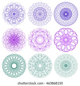 Guilloche set. It can be used as a protective layer for the certificates, diplomas, banknotes. Pattern Rosette for Play Money or Other Security Papers - Vector Illustration.