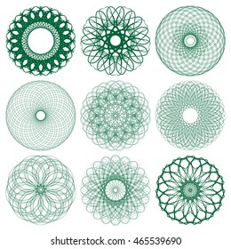 Guilloche set. It can be used as a protective layer for the certificates, diplomas, banknotes. Pattern Rosette for Play Money or Other Security Papers - decorative elements.