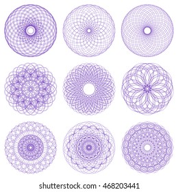 Guilloche set. It can be used as a protective layer for the certificates, diplomas, banknotes. Rosette for Play Money or Other Security Papers. Circular pattern.