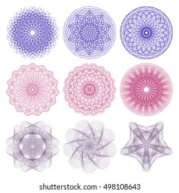 Guilloche set. It can be used as a protective layer for the certificates, diplomas, banknotes. Pattern Rosette for Fake Money or Other Security Papers - Vector Illustration.