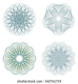 Guilloche set. It can be used as a protective layer for the certificates, diplomas, banknotes. Vector Pattern Rosette for Fake Money or Other Security Papers.