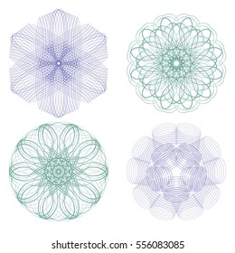 Guilloche set. It can be used as a protective layer for the certificates, diplomas, banknotes. Rosette for Fake Money or Other Security Papers. String art. Sacred geometry symbols.