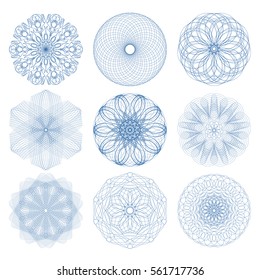 Guilloche set. It can be used as a protective layer for the certificates, diplomas, banknotes. Pattern Rosette for Fake Money or Other Security Papers - Vector Illustration. Sacred geometry.
