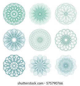  Guilloche set. It can be used as a protective layer for the certificates, diplomas, banknotes. Pattern Rosette for Fake Money or Other Security Papers - Vector Illustration. Sacred geometry.
