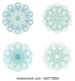 Conjunto de Guilloche. Se puede utilizar como capa protectora para los certificados, diplomas, billetes. Roseta para dinero falso u otros documentos de seguridad. Arte de cuerdas. Símbolos de geometría sagrada.