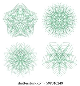 Guilloche set. It can be used as a protective layer for the certificates, diplomas, banknotes. Pattern Rosette for Fake Money or Other Security Papers - Vector Illustration. Sacred geometry.