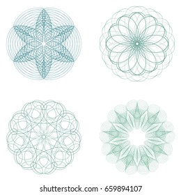 Guilloche set. It can be used as a protective layer for the certificates, diplomas, banknotes. Pattern Rosette for Fake Money or Other Security Papers - Vector Illustration. Sacred geometry.