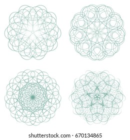 Guilloche set. It can be used as a protective layer for the certificates, diplomas, banknotes. Pattern Rosette for Fake Money or Other Security Papers - Vector Illustration. Sacred geometry.
