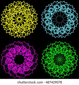 Guilloche and spirographs in different colors. Blue, red, yellow, green ornaments on a black background.