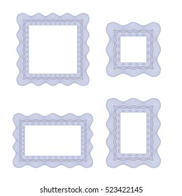 Guilloche square frame with thin line contour isolated on white background. It can be used as a protective layer for certificate, voucher, currency, note, check, ticket, reward etc.