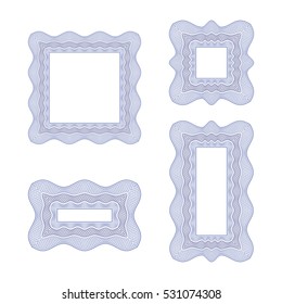 Guilloche square frame with thin line contour isolated on white background. It can be used as a protective layer for certificate, voucher, currency, note, check, ticket, reward etc. Digital watermark.