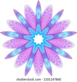 Guilloche star rosette with alternating pointed petals in light blue and purple with lattice woven lines.
