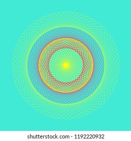 guilloche star with rotating wired rings in bright yellow on blue