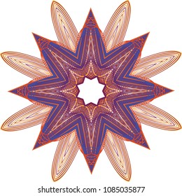 Guilloche starburst rosette with contrasting stripes of evening blue, canyon red, golden yellow and chocolate brown hues.