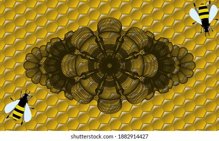 Guilloche sweet honey bees realistic emblem. beekeeping graceful background. Vector illustration. 