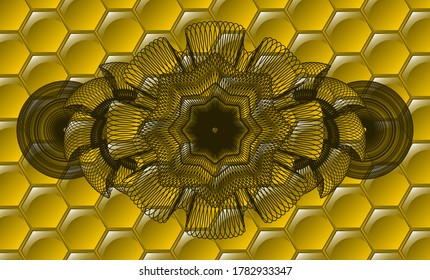 Guilloche sweet honey realistic emblem. beekeeping fancy background. Artistic illustration. 