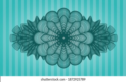 Guilloche Turquoise color emblem on exquisite bar pattern background. Intense illustration. 