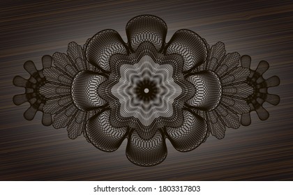 Guilloche wood emblem. Brown fancy background. Vector illustration. 