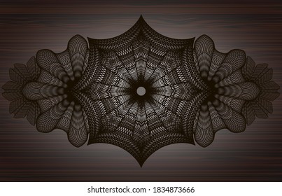 Guilloche wood realistic badge. Brown handsome background. Vector illustration. 