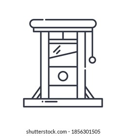 Guillotine-Symbol, lineare einzelne Illustration, dünne Linie, Webdesign-Zeichen, Umrisssymbol mit bearbeitbarem Strich auf weißem Hintergrund.