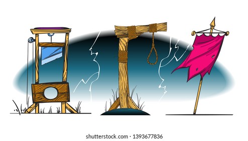 Guillotines and the royal banner against the backdrop of a stormy sky on a white background. Cartoon style.