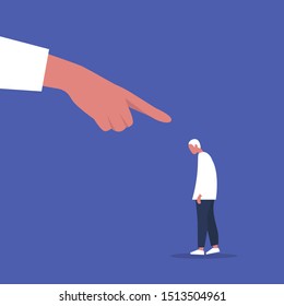 Guilt. Bullying. Victim blaming. Pointing finger. Young depressed male character. Emotions. Flat editable vector concept. Clip art