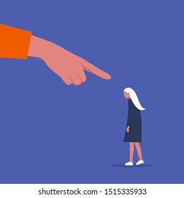 Guilt. Bullying. Victim blaming. Pointing finger. Young depressed female character. Emotions. Flat editable vector concept. Clip art