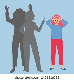 Guilt. Bullying. Victim blaming. Pointing finger. Young depressed female character. Emotions. Flat editable vector concept. Clip art