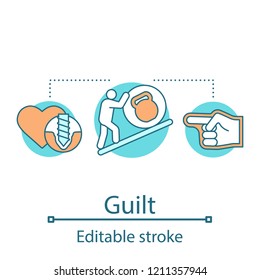 Guilt concept icon. Blame idea thin line illustration. Responsibility. Heavy burden. Self condemnation. Vector isolated outline drawing. Editable stroke