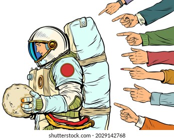 A guilty astronaut with a planet in his hands. Everyone criticizes the cosmonaut. White background