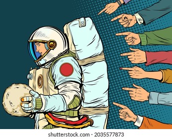 A guilty astronaut with a planet in his hands. Everyone criticizes the cosmonaut