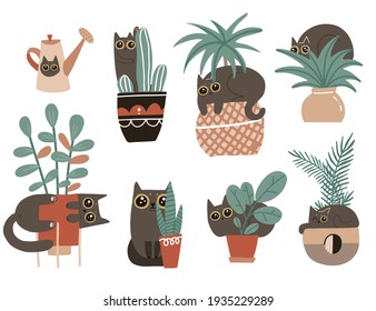 Guilty Cat Characters Set. Cute Naughty Playful Cats Damage Houseplants. Black Kitten Play With House Plants In Flower Pots. Isolated Vector Hand Drawn Scandinavian Cartoon Illustration.