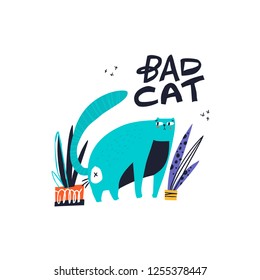 Guilty cat color hand drawn vector character. Sketch kitten damage house plant. Bad cat handwritten lettering. Cute, naughty kitten urinating in flower pot. Isolated scandinavian cartoon illustration