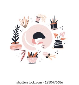 Guilty cat flat hand drawn vector color illustration. Cute and playful kitten with houseplants clipart. Naughty fat cat play with house plants and flower pots. Isolated scandinavian cartoon character