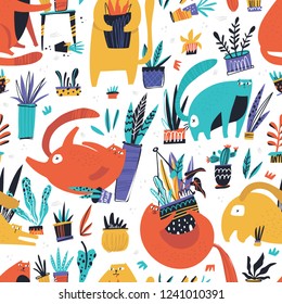 Guilty cat flat hand drawn vector seamless pattern. Cute, naughty and playful cats damage house plants cartoon texture. Kittens play with flower pots scandinavian illustrations. Color background fill