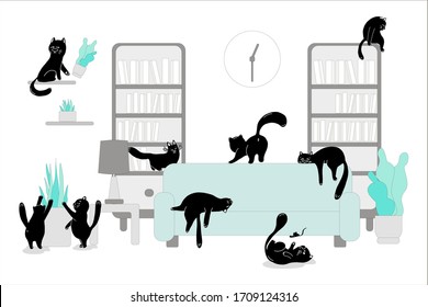 Guilty cat flat hand drawn vector illustration. Cute, mischievous and playful cats damage the house plants and relax.Kittens play with flower pots.white color of the background. vector in flat style.