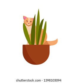Guilty cat flat vector color character. Cute naughty playful cat eat, damage houseplats. Kitten play with house plants, flower pots. Cute at playing with home flowers.Isolated cartoon illustrations