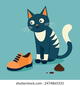 Guilty cat ruined the shoe. Funny bad cat hooligan and destroyer. Home animals. Cartoon characters vector illustration.