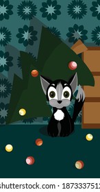 guilty cat turned the Christmas tree over and scattered toys, postcard