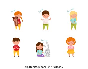 Guilty Little Boy and Girl Saying Sorry and Apologizing for Misbehave Vector Set