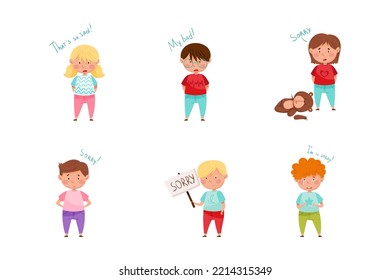 Guilty Little Boy and Girl Saying Sorry and Apologizing for Misbehave Vector Set