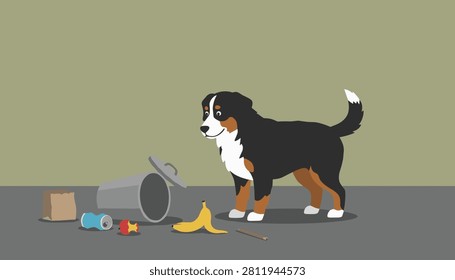 Guilty looking Bernese mountain dog stands next to a tipped over garbage can with scattered trash on the kitchen floor.