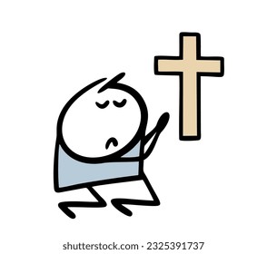 Guilty man is kneeling in front of the cross and praying. Vector illustration of person atoning for sins, asking God for forgiveness. Doodle cartoon stick man character isolated on white background.