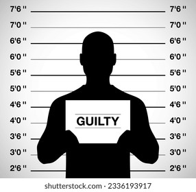 Guilty man mugshot, vector illustration. Anonymous man standing on a criminal photo shooting background.