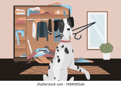 Guilty naughty dog with bad habits behavior vector illustration. Cartoon playful dalmatian dog holding clothes hanger in teeth, playing in wardrobe, home room interior in chaos mess from pet game