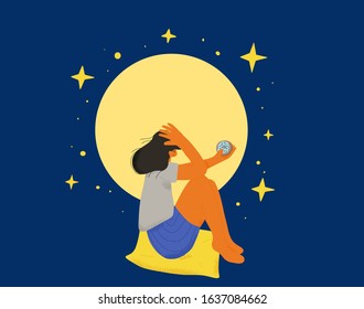 Guilty pleasure. Mental disorder. Female character with  food addiction. Girl eating donut at night. Vector flat cartoon illustration.