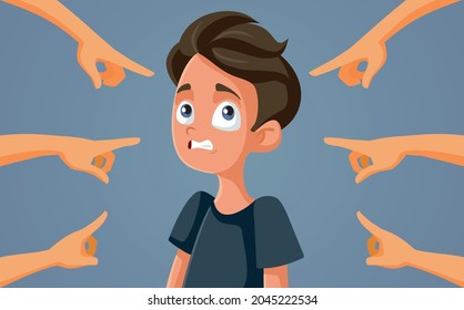 Guilty Teen Boy Facing Accusations Vector Illustration. Teenager being grounded or expelled for misbehaving feeling embarrassed and responsible
