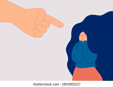 Guilty woman closes her face with arms from big index finger is being pointed at her. Concept of bullying of female and Mental health problems. Flat cartoon colorful vector illustration. 