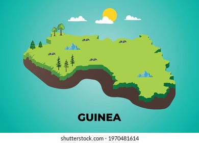 Guinea 3d isometric map with topographic details mountains, trees and soil vector illustration design