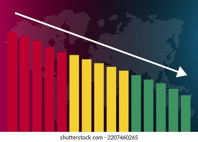 Guinea bar chart graph, decreasing values, crisis and downgrade concept, Guinea flag on bar graph, down arrow on data, news banner idea, fail and decrease, financial statistic